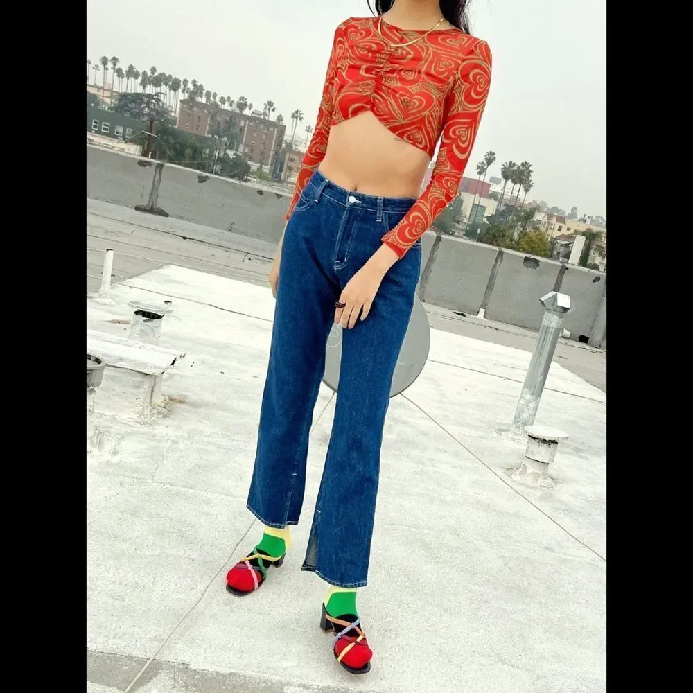 NEW Lisa Says Gah Elenor Ruched Centre Wild Hearts Long Sleeve Mesh Crop Top - Picture 4 of 10